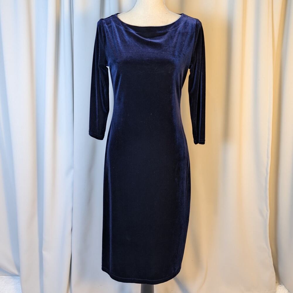 Vintage 90s Kathie Lee Purple Velvet Midi Dress Minimalist Bodycon Cocktail S - Picture 16 of 16